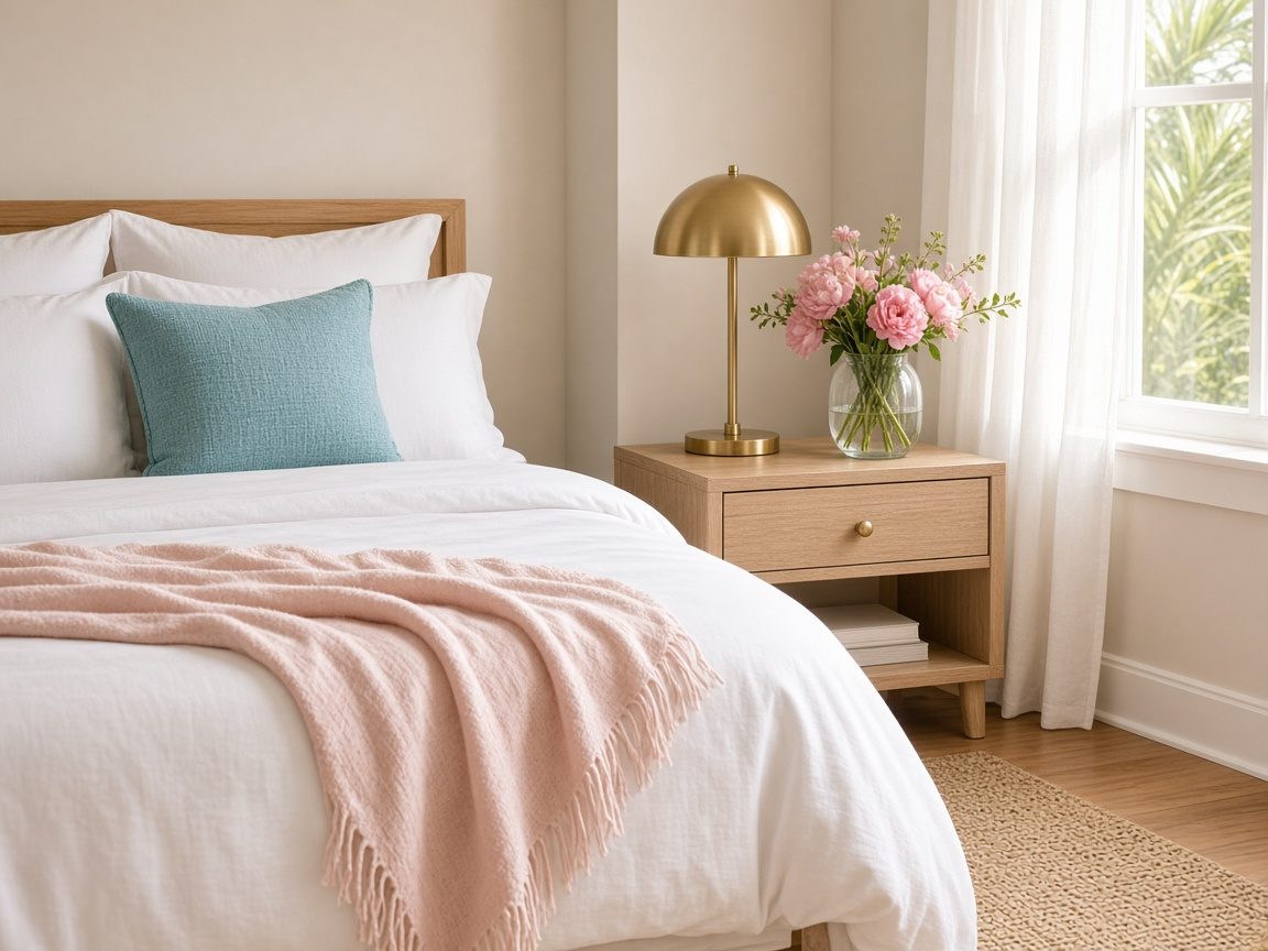 Freshly made bed with white linens, a blush throw, a turquoise pillow, and pink flowers beside a gold lamp.